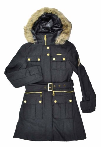 Rocawear Black Womens Long Black Wool Hooded Pea Coat