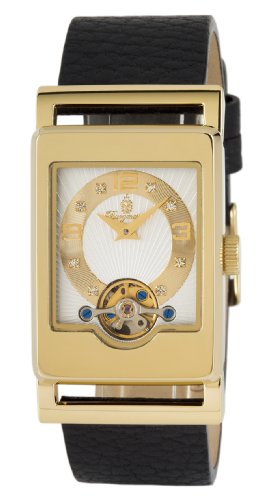 Burgmeister Delft BM510-282 Damen Automatik Uhr IP Gold weiß-gold offene Unruh Swarovski-Kristalle Leder schwarz