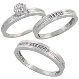 10k White Gold 3-Piece Trio His (4mm) & Hers (3.5mm) Diamond Wedding Band Set, w/ 0.13 Carat Brilliant Cut Diamonds; (Ladies Size 5 to10; Men's Size 8 to 14)