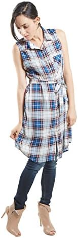 Amangny Women's Sleeveless Plaid Waist Tie Shirt Dress
