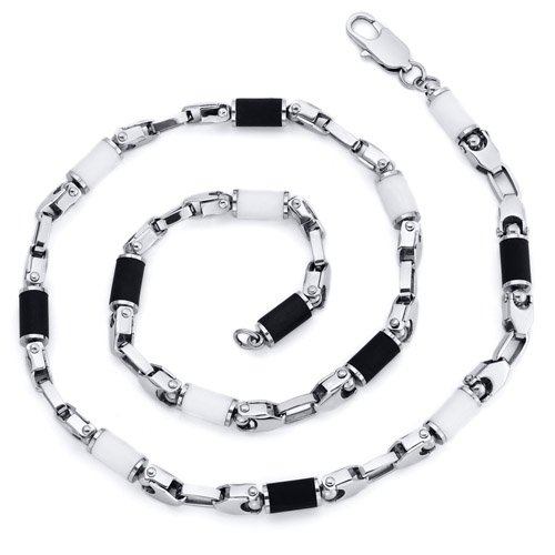 Mens 22 inch Black and White Rubber Accent Stainless Steel Necklace
