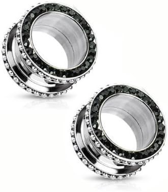 Silver Tone Jewel Encrusted Screw On Flared Tunnel Plug (0 Gauge) Black Rhinestone Studded Tunnel Ear Plug (8 mm) Stainless Steel Body Piercing (2 Piece Pair) by Ear Plug