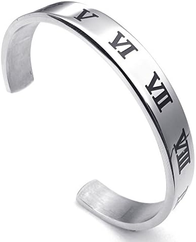 [PW] Mens Womens Stainless Steel Bracelet Roman Numerals Numbers Cuff Bangle Silver Black