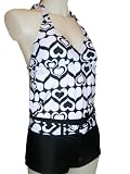 Mw Womens Tankini Boyshorts Swimsuit, Two Piece, Black White Hearts