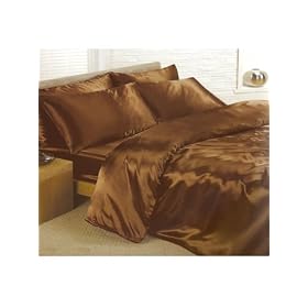 Chocolate Satin Double Duvet Set With Fitted Sheet