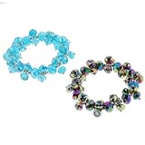 Set of 2 Faceted Rondell Glass & Bead Stretchy Bracelets - 7.5'' Length - Aqua and AB Rainbow