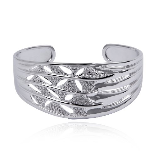 Platinum Overlay Sterling Silver Textured Diamond Accent Wide Cuff Bracelet