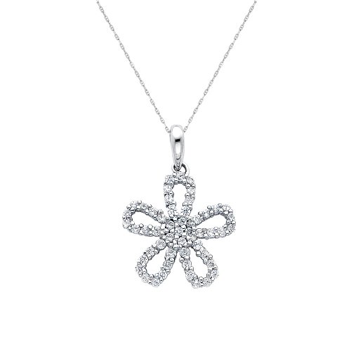 14K White Gold CZ Flower Charm Pendant with 1.0mm Anchor Link Mariner Chain Necklace Set - 18\
