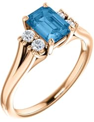 18K Rose Gold 7.00x5.00mm Emerald Cut Swiss Blue Topaz and Diamond Ring -- LIFETIME WARRANTY