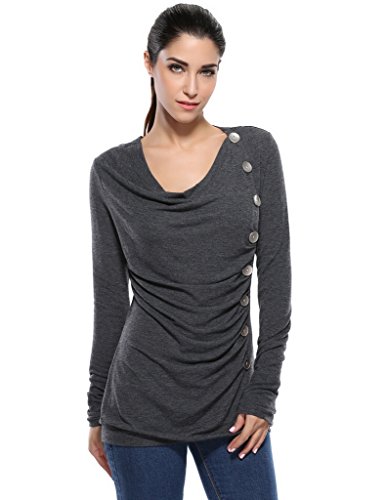 Q.Boutik Women's Cowl Neck Button Embellished Ruched Knit Tunic Blouse Top(FBA)