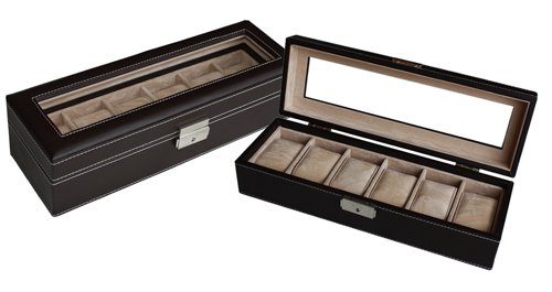 6 PIECE CHOCOLATE BROWN LEATHERETTE MEN'S WATCH DISPLAY ORGANIZER STORAGE CASE FOR WATCHES