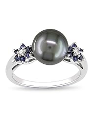 10k White Gold Black Tahitian Cultured Pearl with Diamond and Sapphire Accent Ring (0.05 cttw, H-I Color, I2-I3 Clarity)