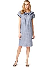 Pure Linen Cross Dyed Embroidered Neckline Dress