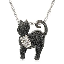 Sterling Silver Black and White Diamond Cat Pendant (1/4 cttw)