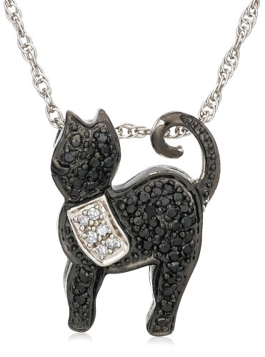 Sterling Silver Black and White Diamond Cat Pendant, (0.25 cttw)