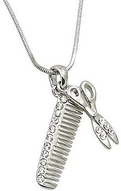 Clear Scissor &amp; Comb / Charm Pendant Necklace / Rhinestones / Rhodium Plated / 18" Snake Chain