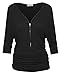 Women's V Neck Zip Front 3/4 Sleeve Side Ruched Casual Lightweight Tunic Top