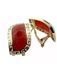Red Jade Rivus with Greek Key Border Earrings, 14k Gold
