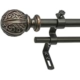 Beme International 5/8" Montevilla Core Leaf Ball Double Telescoping Drapery Rod Set, 48-86", Vintage Bronze