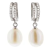 Sterling Silver Cubic Zirconia and White Freshwater Cultured Pearl Drop Earrings (8-8.5mm)