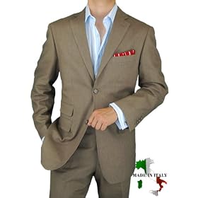 Bianco Brioni Italian Linen Mens Suit Modern 2010 Two Button 2pc Flat Front Pants Ticket Pocket Hand Tailored Suit Taupe Khaki