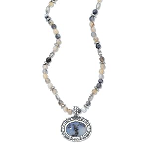 .925 Silver and Moss Agate Beaded Necklace with Pendant- 18+2 by