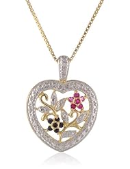 18k Yellow Gold Plated Ruby, Sapphire and Diamond Accent Flowers Heart Pendant Necklace