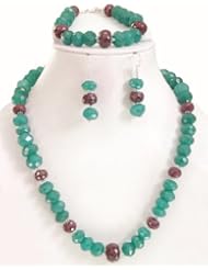 Exclusive Single Row Natural Beautiful Faceted Emerald & Ruby Beaded Necklace with Free Earrings & Bracelet