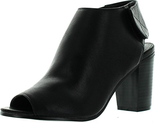 Breckelles BE37 Women Leatherette Peep Toe Slingback Velcro Chunk Heel Sandal Bootie - Black