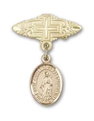 14K Gold Baby Badge with St. Catherine of Alexandria Charm and Badge Pin with Cross