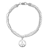 Sterling Silver Multi Strand Bracelet with Peace-Sign Charm, 7.5