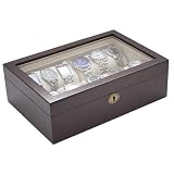 Vintage Dark Walnut Wood Color Glass Clear Top Watch Box Display Storage Case Chest Holds 10+ Watches With Soft Adjustable Pillows And High Clearance For Large Watches