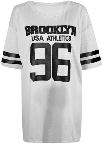 Ditzy Fashion Women's New 'Brooklyn Usa 96' Print Varsity American Baggy T- Shirt S/M (UK 8-10) White