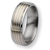 Sterling Silver Inlaid Ridged Edge Brushed & Polished Titanium Ring (7.0 mm) With Wood Box - Sizes 8.5-12