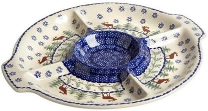 Jankiewicz Boleslawiec Polish Pottery Christmas Tree Reindeer Moose Pattern, 14" Chip and Dip Platter