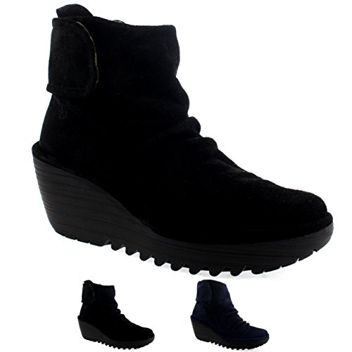 Womens Fly London Yegi Wedge Heel Grey Shoes Velcro Oil Suede Ankle Boot
