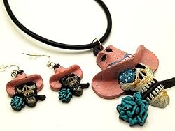 Rock Punk Pink Cowboy Skull - Gothic Punk Emo Rockabilly Necklace Set