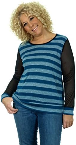 Women's Plus Size Striped Fashion Top with Sheer Long Sleeves (3X, Blue-Blue)