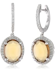 Sterling Silver Whiskey Quartz and Diamond Oval Shape Dangle Earrings