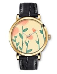 SPRAWL Aanalog Fashion Series Gold Ladies Watches of Genuine Black Leather Strap,Unique Wrist Watch for Women Girls Designed with Beautiful pink flowers