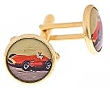 Gold plated cufflinks with "red racer" or racing car image with presentation box. Made in the U.S.A