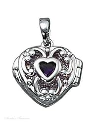 Sterling Silver 18" .8mm Wide Box Chain Necklace With Small Open Filigree Heart Locket Picture Pendant Amethyst Heart
