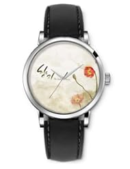 SPRAWL Aanalog Fashion Series Silver Ladies Watches of Genuine Black Leather Strap,Unique Wrist Watch for Women Girls Designed with Opaque background with orange flowers