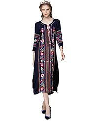 Polyester Floral Print Knee Length Embroidered Slit Peasant Dress 