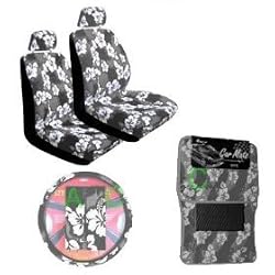 11 Piece Hawaiian Auto Interior Gift Set - Grey Hawaii Hibiscus Floral print : 2 Low Back Seat Cover, 2 Headrest Cover, Steering Wheel Cover, 2 Shoulder Harness Pressure Relief Cover, 2 Front Floor Mat and 2 Rear Floor Mat - Grey