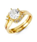 14k Yellow Gold Round CZ Crown Bridal Wedding Ring Set
