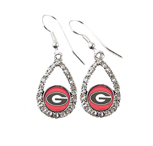Georgia Bulldogs Red Teardrop Clear Crystal Silver Earrings Womens Jewelry UGA