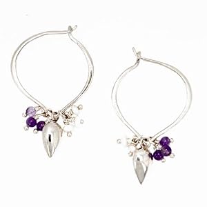 Pendulum Dangle Earrings in Sterling Silver with Amethyst and Pearl Gemstone Bead Clusters on a Designer Sterling Silver Hoop, #7452