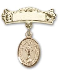 Gold Filled Baby Badge with Our Lady of All Nations Charm and Arched Polished Badge Pin