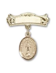 14K Gold Baby Badge with Our Lady of All Nations Charm and Arched Polished Badge Pin